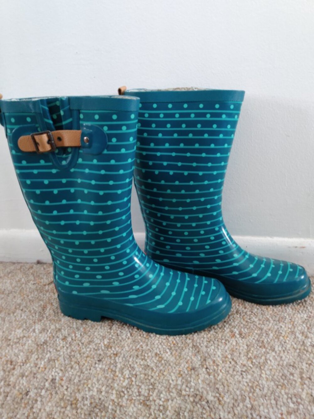Chooka Womens Rubber Leather Rain Boots Striped Dot Teal Style ~ Very Good Cond.
